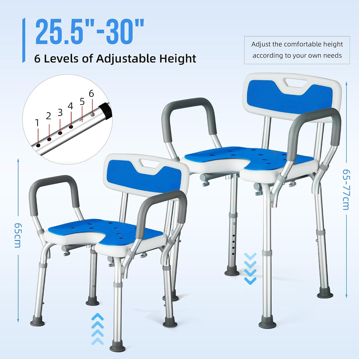 Shower Chair U Shaped Adjustable Height Back Arms Anti Slip Padded Bath Seat