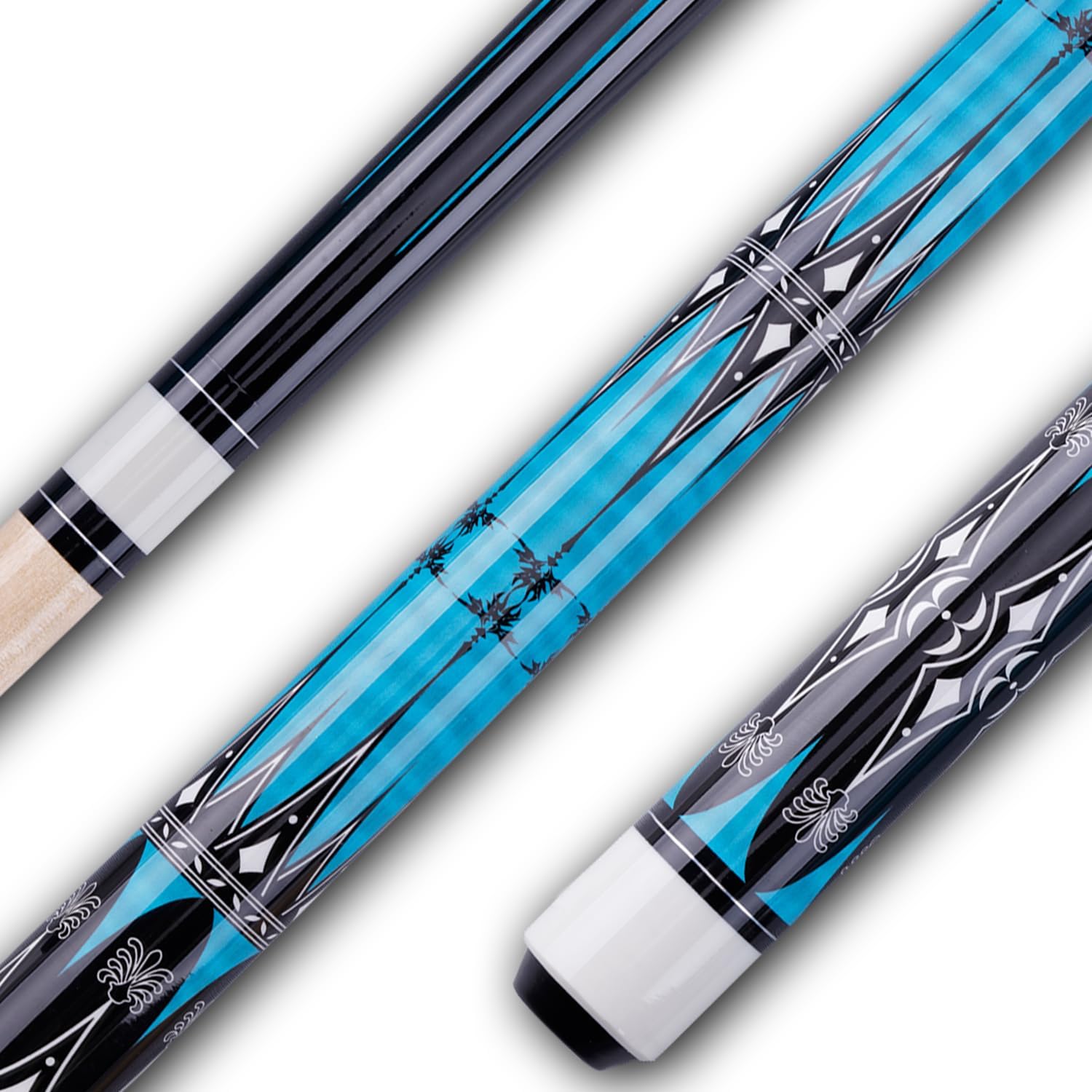 Blue and black pool cue with decorative patterns on a white background