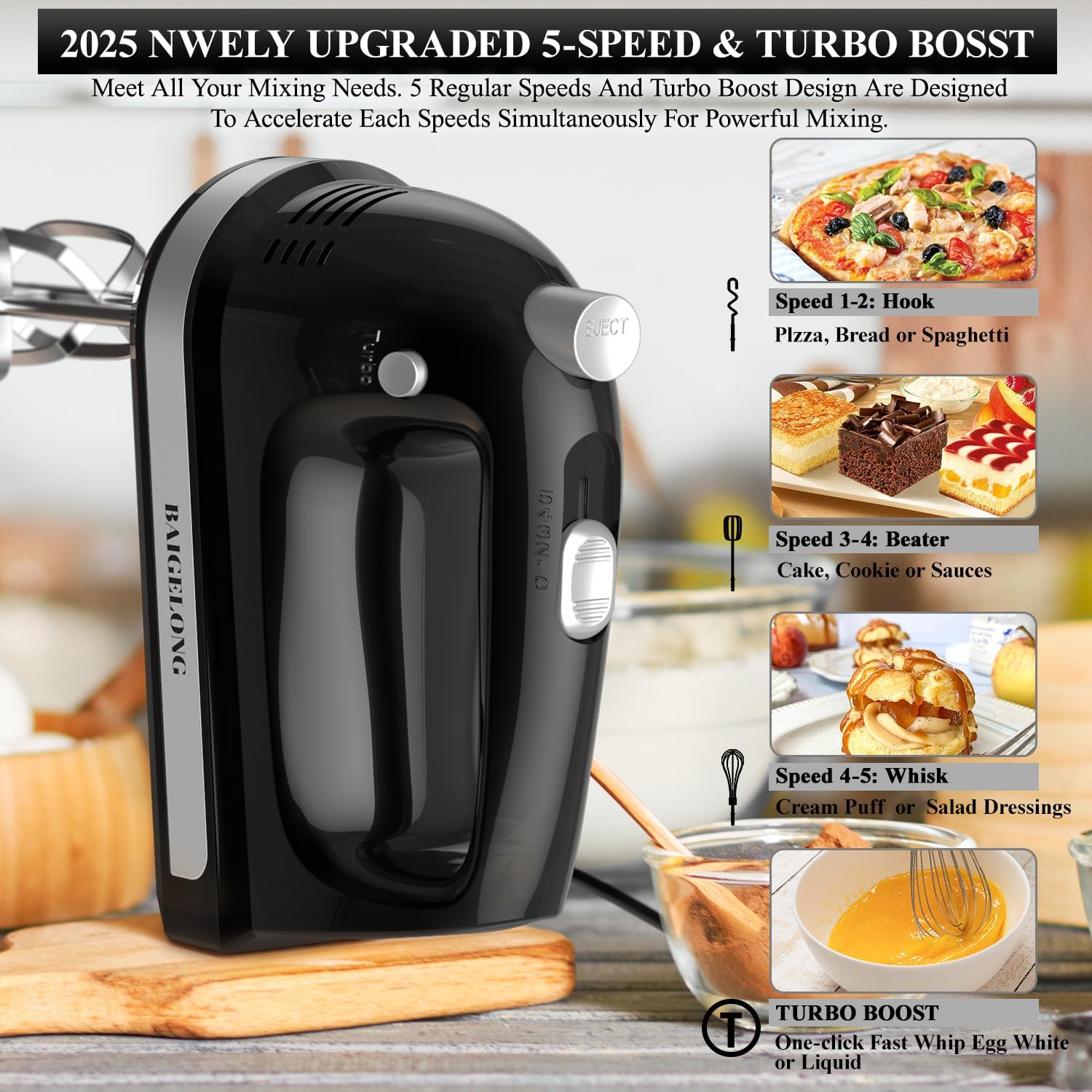 Electric Hand Mixer 300W 5 Speed Turbo Stainless Steel Attachments BAIGELONG Black