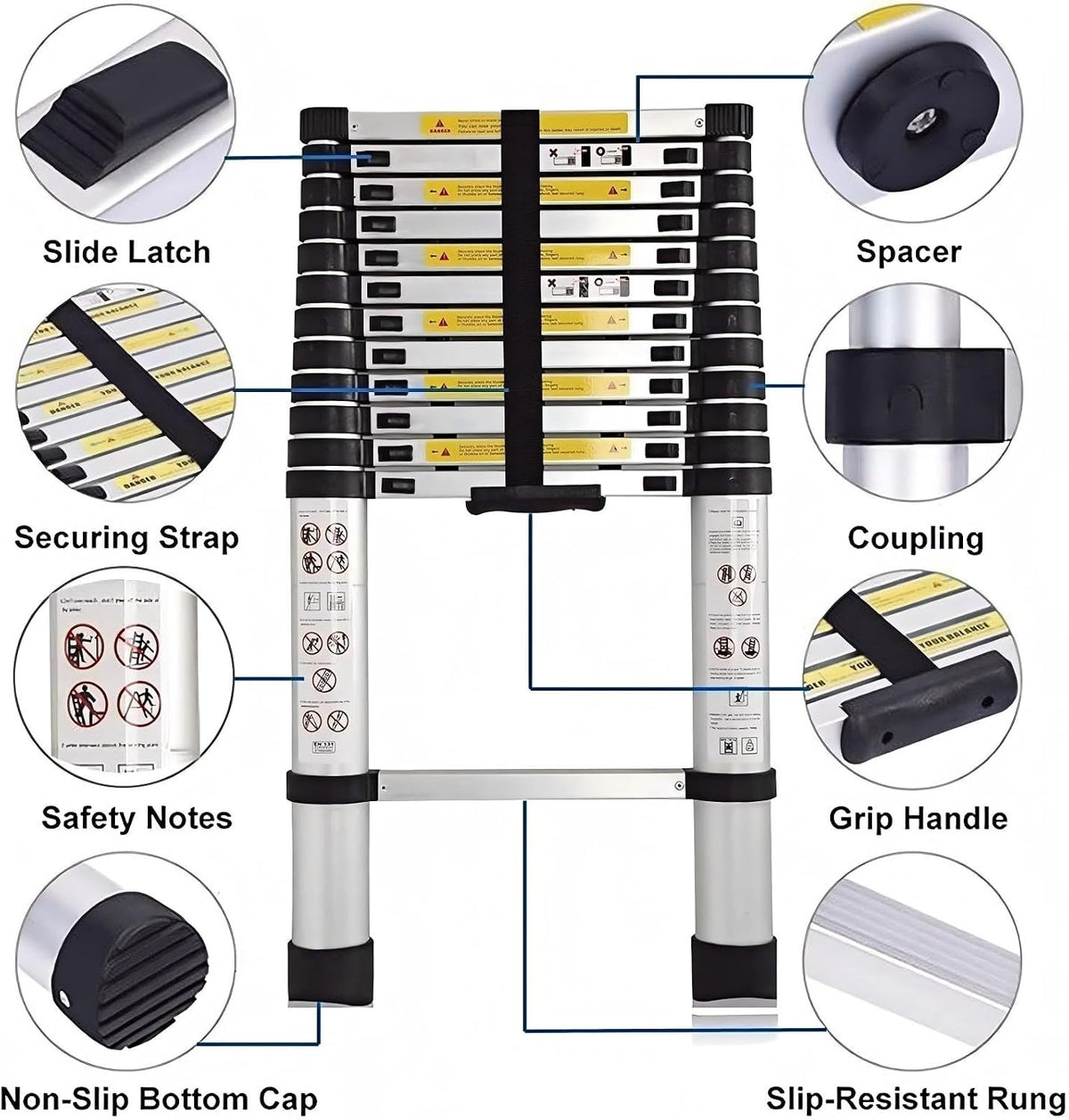 Telescopic Ladder 3.8m 12.5ft Aluminium 13 Step 150kg EN131 Multibao Portable