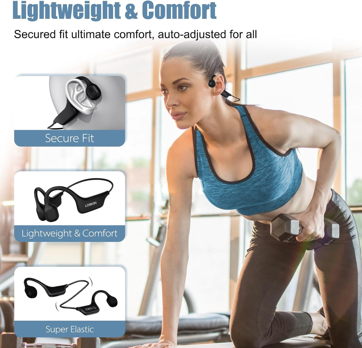Woman exercising with wireless earbuds, highlighting features like secure fit, lightweight comfort, and super elastic design.