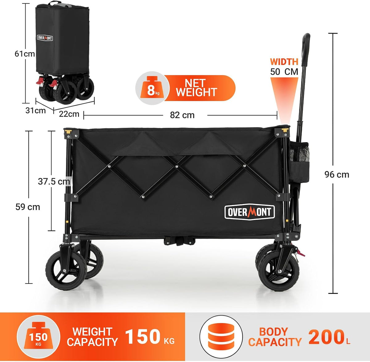 Folding Festival Trolley 200L Heavy Duty Collapsible Wagon Black Overmont Cart