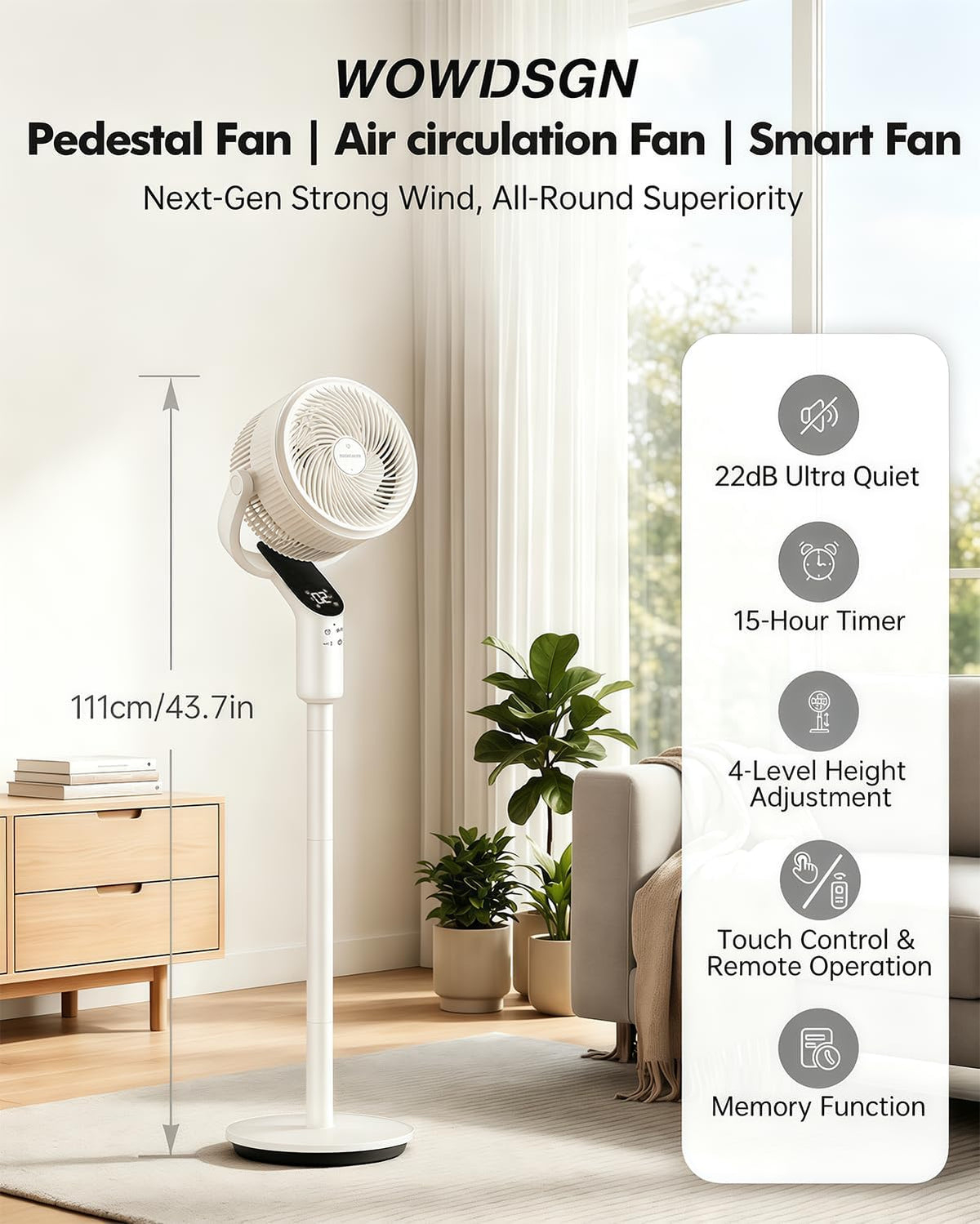 Air Circulator Fan 8 Speed Quiet 22dB Oscillating Remote Adjustable WOWDSGN