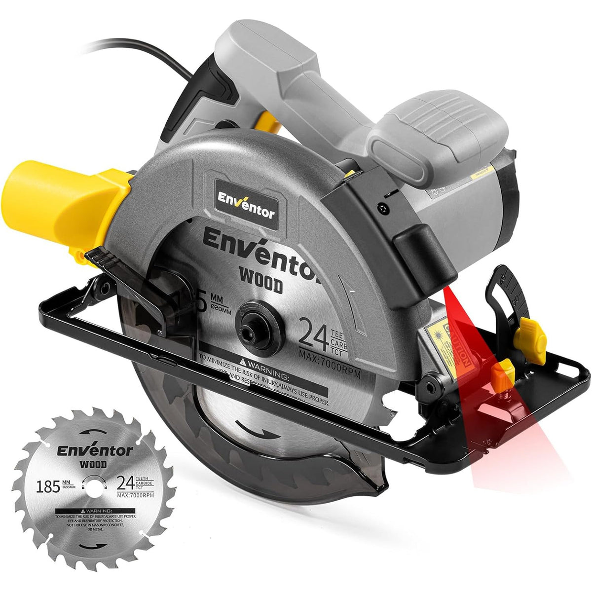 Circular Saw 1400W 185mm 6000RPM Laser Guide 24T Blade Electric Enventor Wood