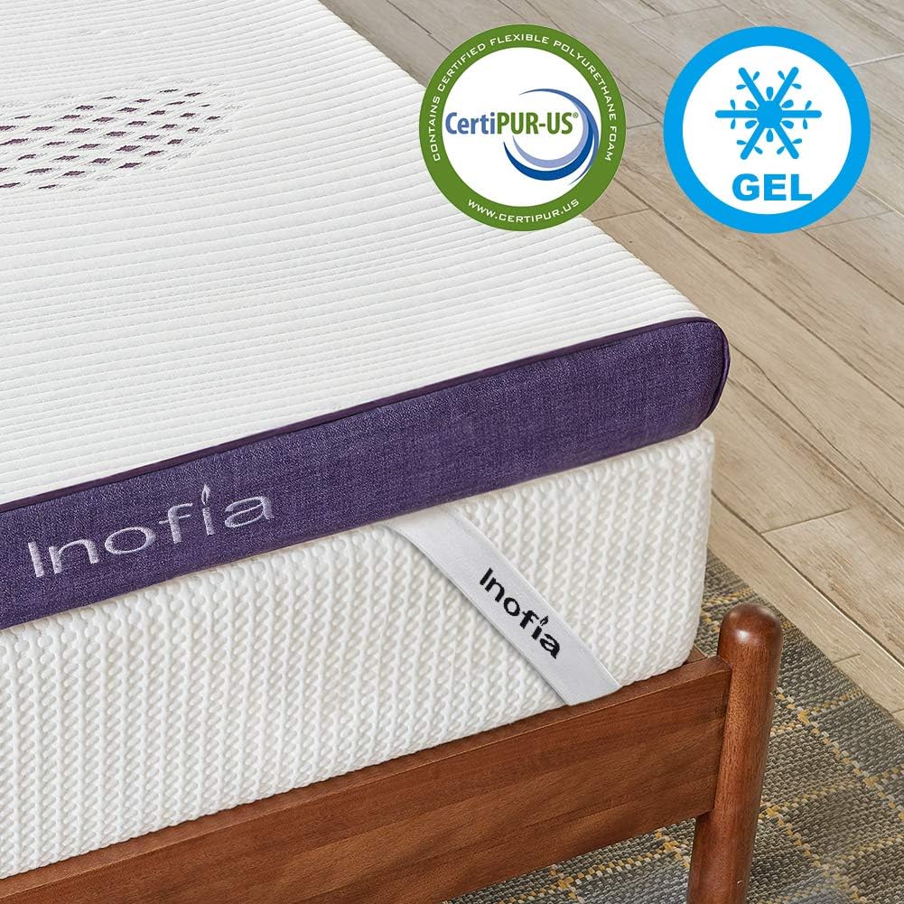 Inofia mattress with CertiPUR-US and GEL logos on a wooden bed frame.