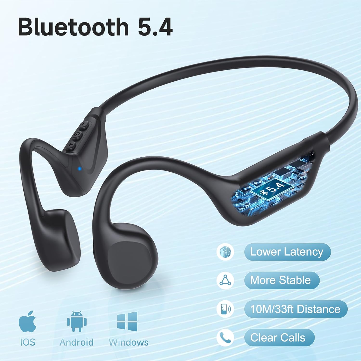 Black wireless earbuds with Bluetooth 5.4 on a light blue background