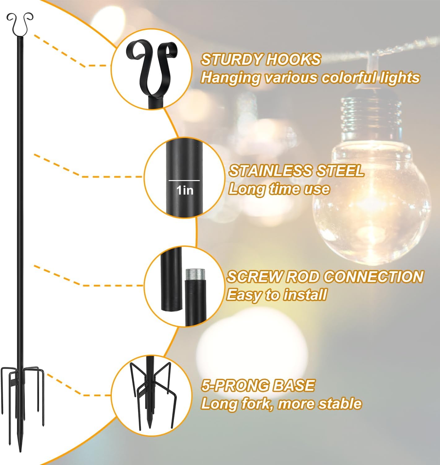 Urban Deco 4-Pack String Light Poles, 4-Prong Stand, Outdoor Decor, Black