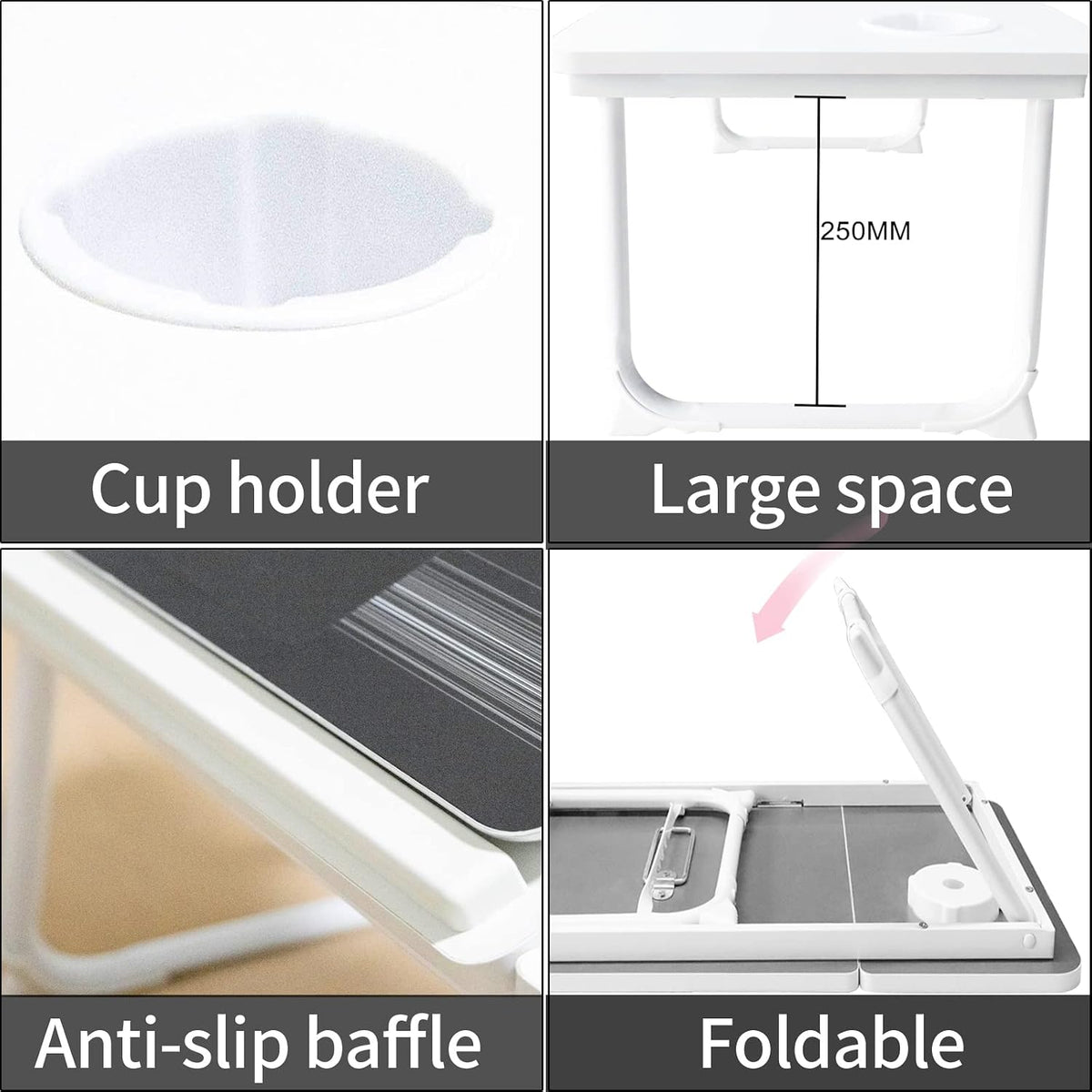 Laptop Bed Table Foldable Legs Cup Slot Reading Notebook Stand White Desk Tray