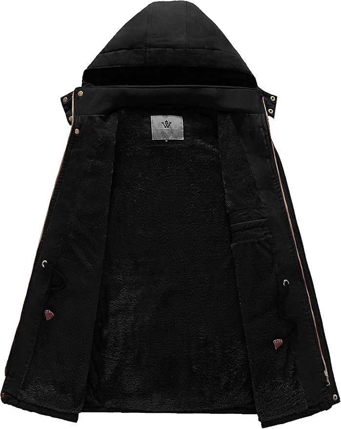Black hooded jacket with a brand logo on the back against a white background