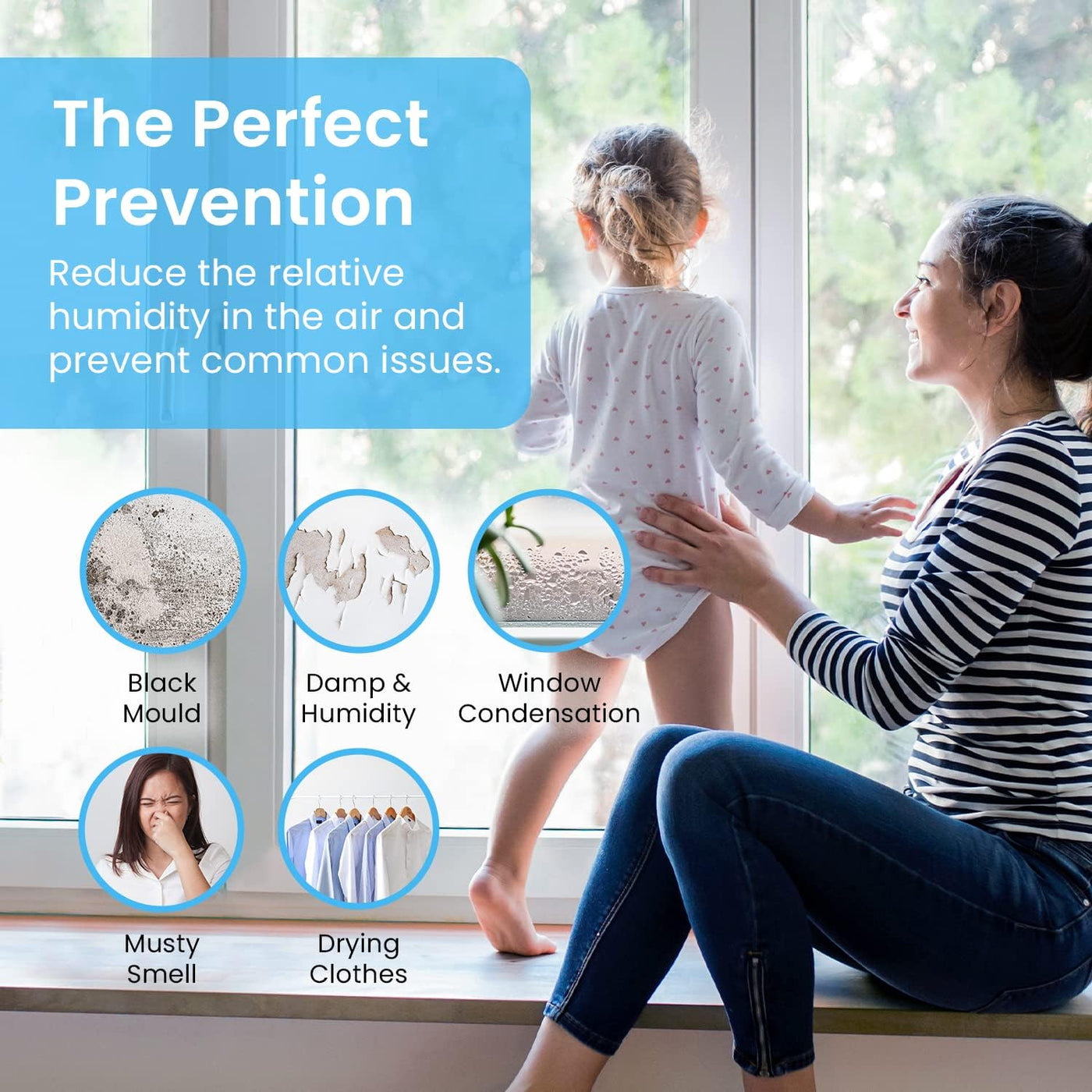 Woman and child by a window with text about humidity control and its benefits.