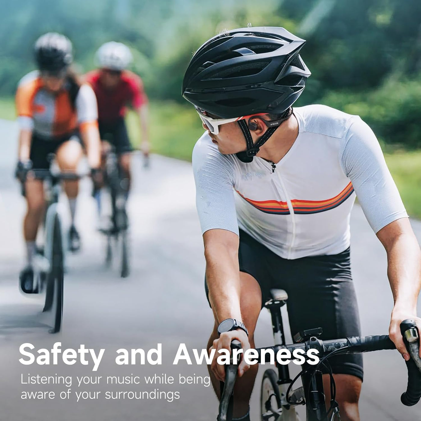 Cyclist on a road with text 'Safety and Awareness' and 'Listening your music while being aware of your surroundings'.