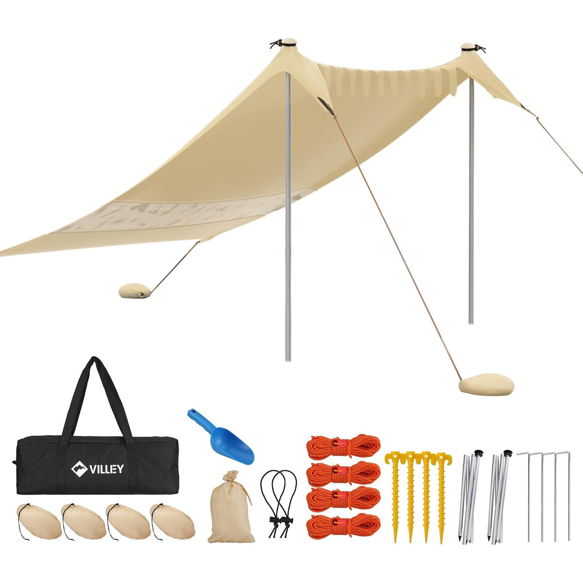 Beach Tent 2x2.4m UPF50+ Sun Shade Awning 3 Person Khaki VILLEY Camping Shelter