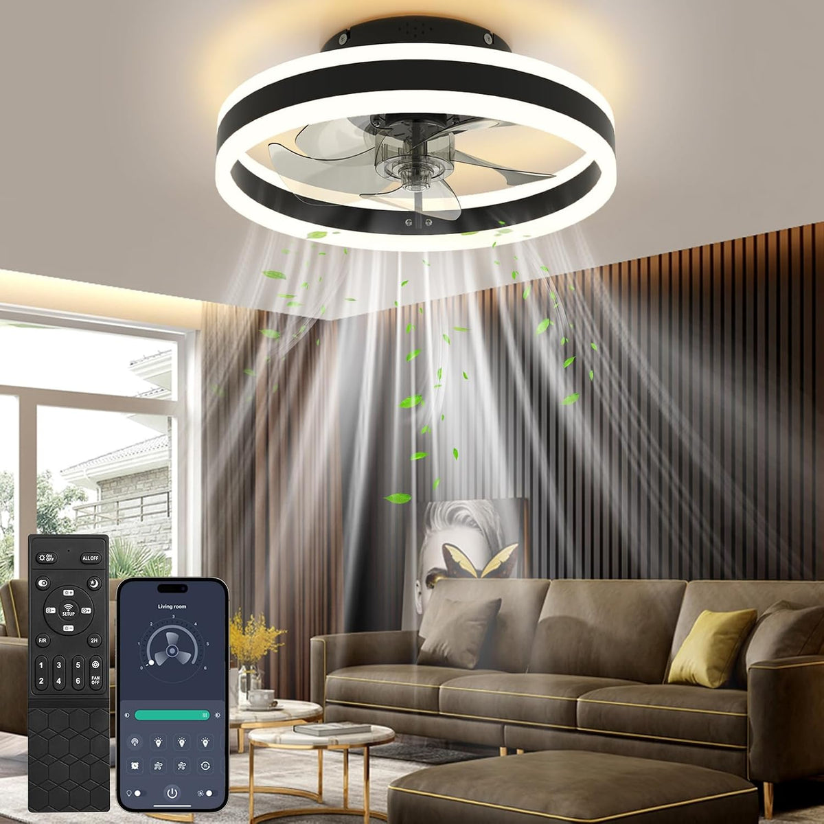 Ceiling Fan with Light 40cm Black Dimmable Remote 6 Speed Reversible Nalezuns