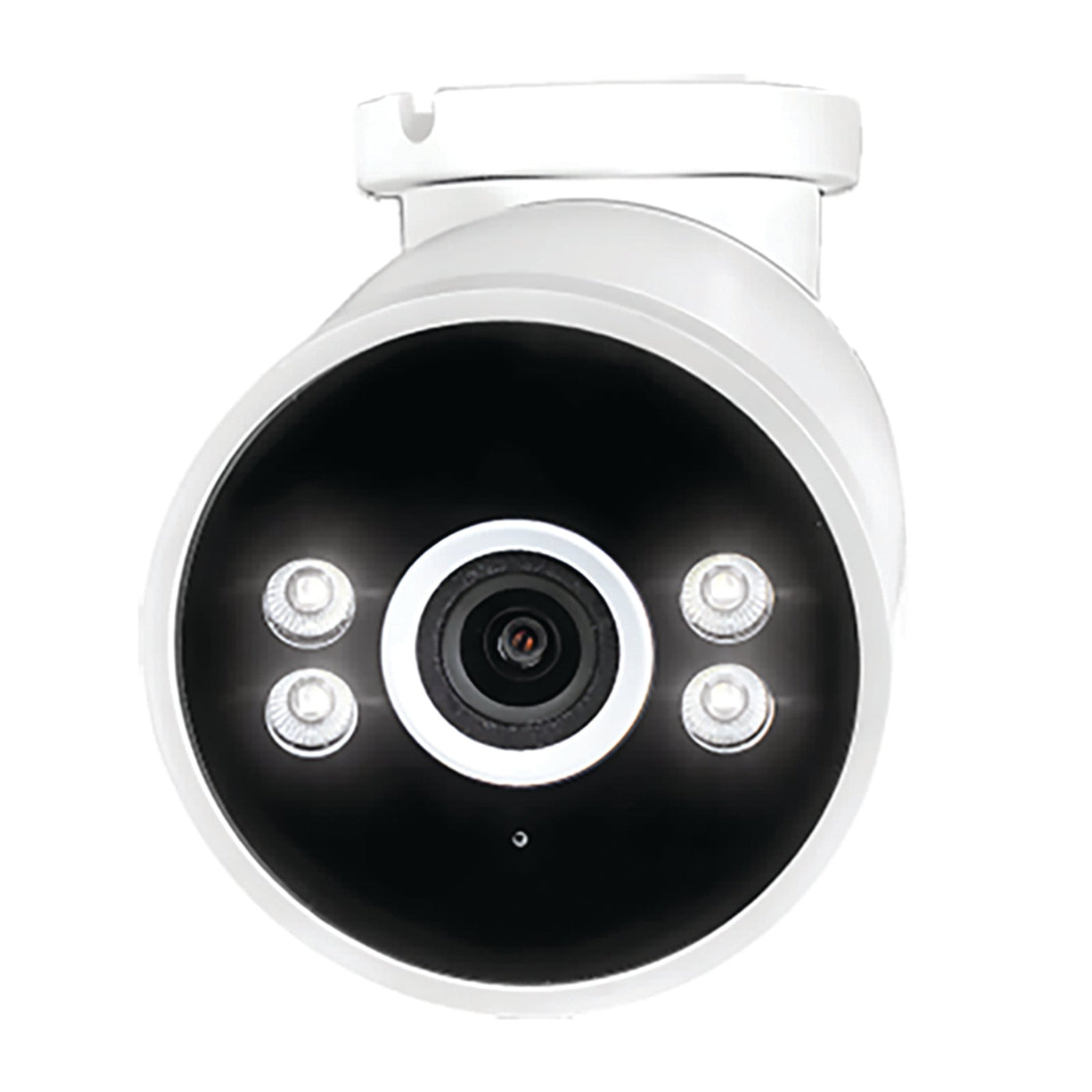 White security camera with black lens on a white background