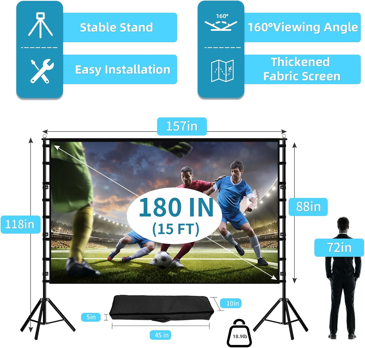 Projector Screen 180 Inch Large Projection Screen Stand Home Cinema TOWOND