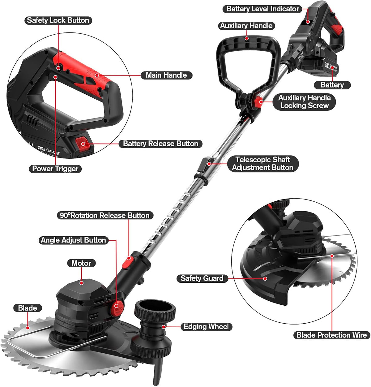Cordless Strimmer 750W 24000RPM 2x2Ah Batteries Wheels Metal Blades LCD Display
