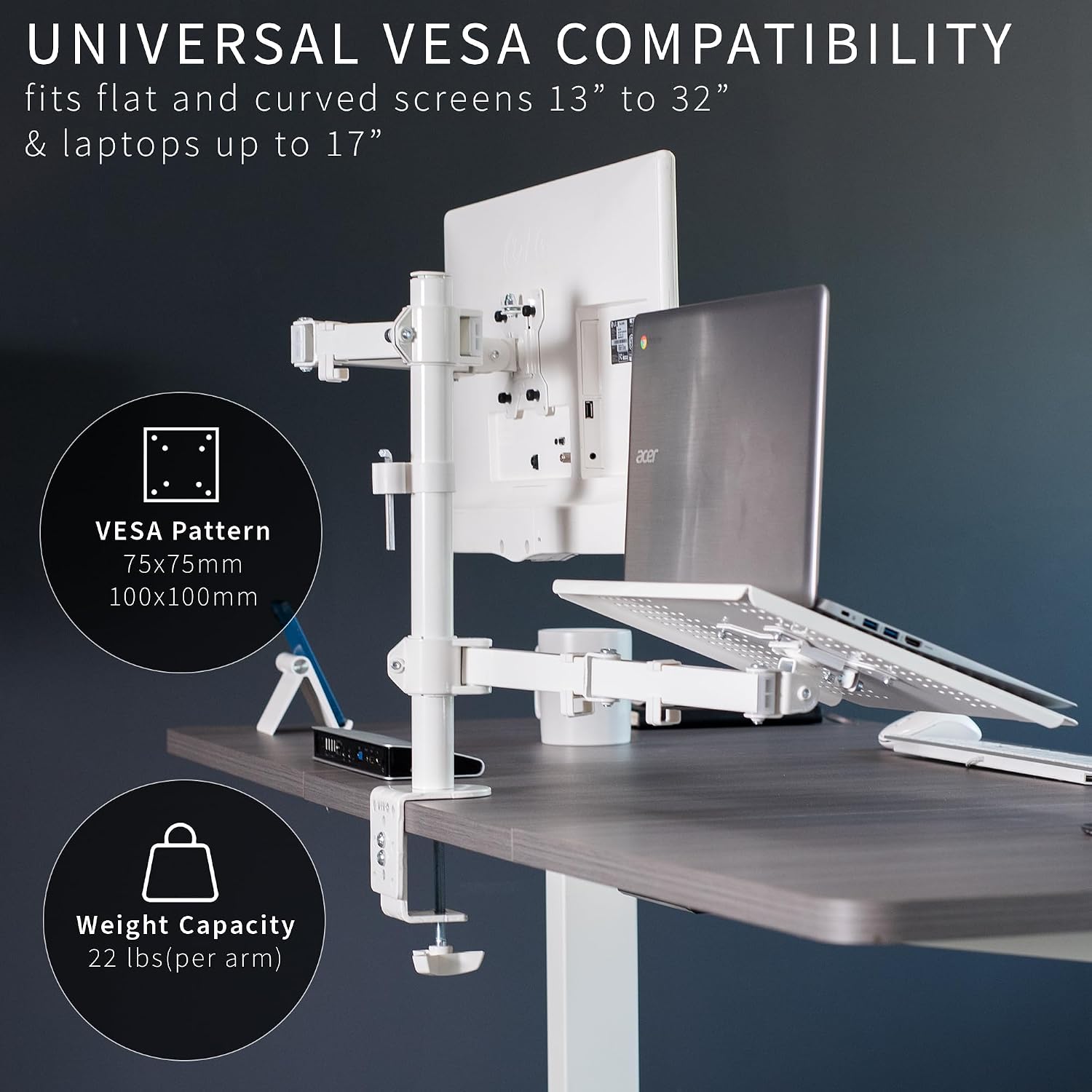 Monitor Laptop Desk Mount 13-32 Inch Adjustable Combo White VIVO