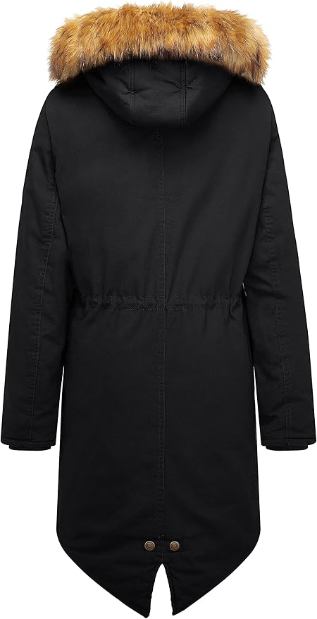 Black parka coat with a fur-lined hood on a white background