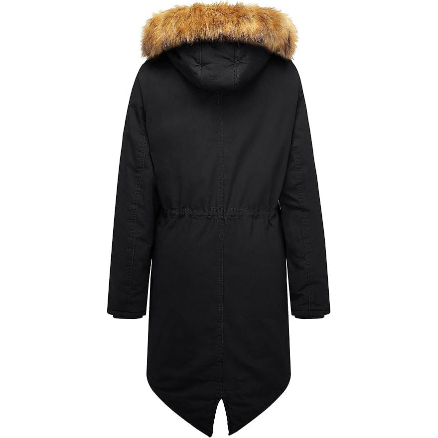 Womens Winter Fleece Coat Parka Cotton Jacket Faux Fur Hood Size XL, Black