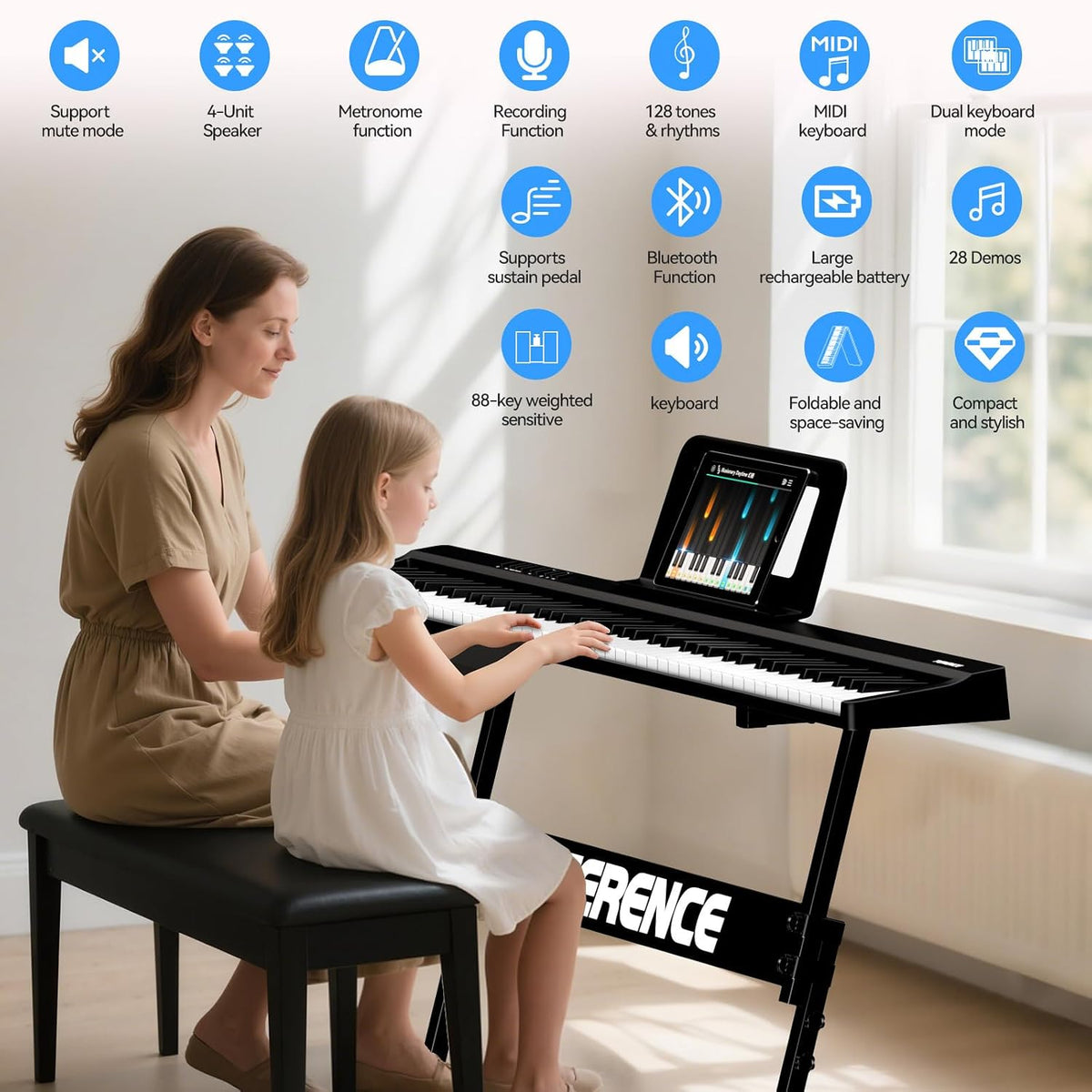 Digital Piano Keyboard 88 Keys Folding Portable Electric Stand Black TERENCE