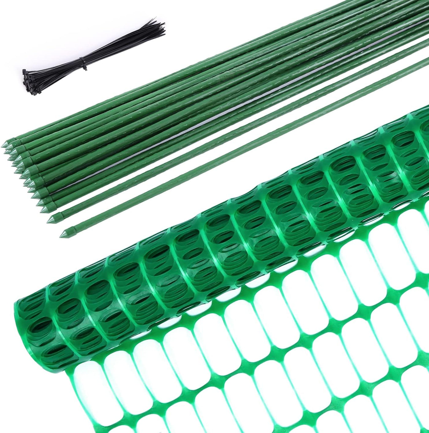 Green plastic mesh with white tabs and black ties on a white background