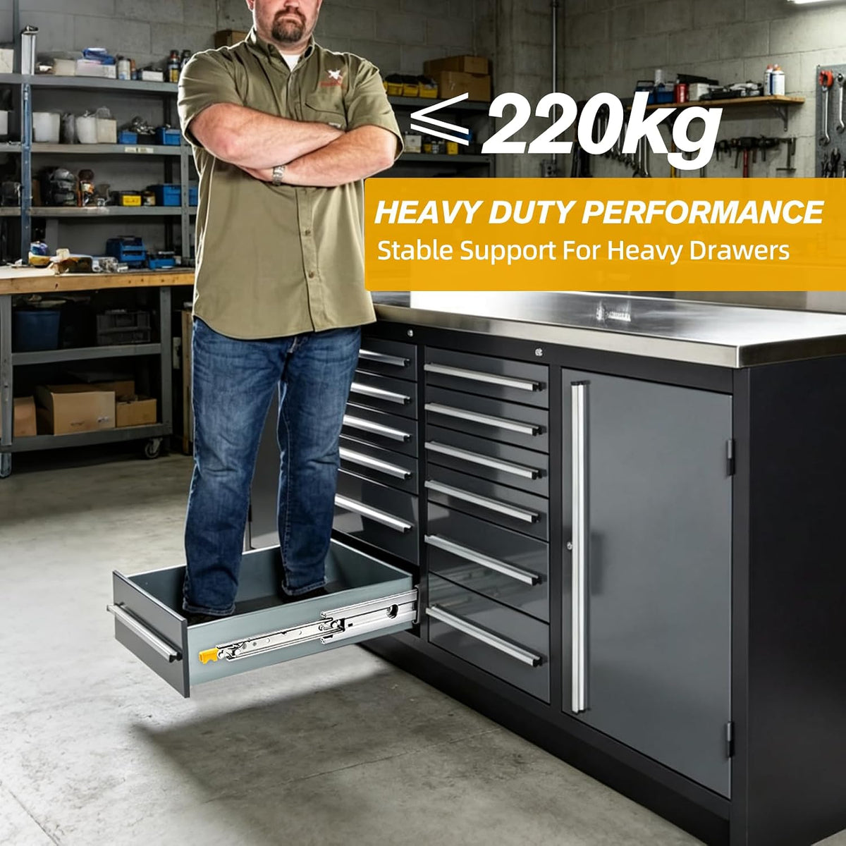 Heavy Duty Drawer Runners 450mm Locking Full Extension Slides 220kg 76mm Wide Pair