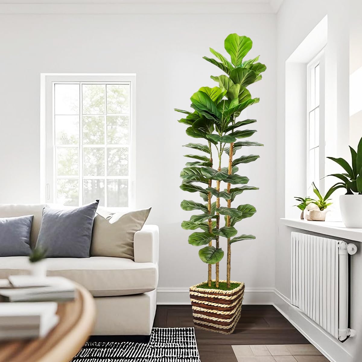 Artificial Fiddle Leaf Fig Tree 150cm Faux Plant Real Wood Trunk Woven Basket