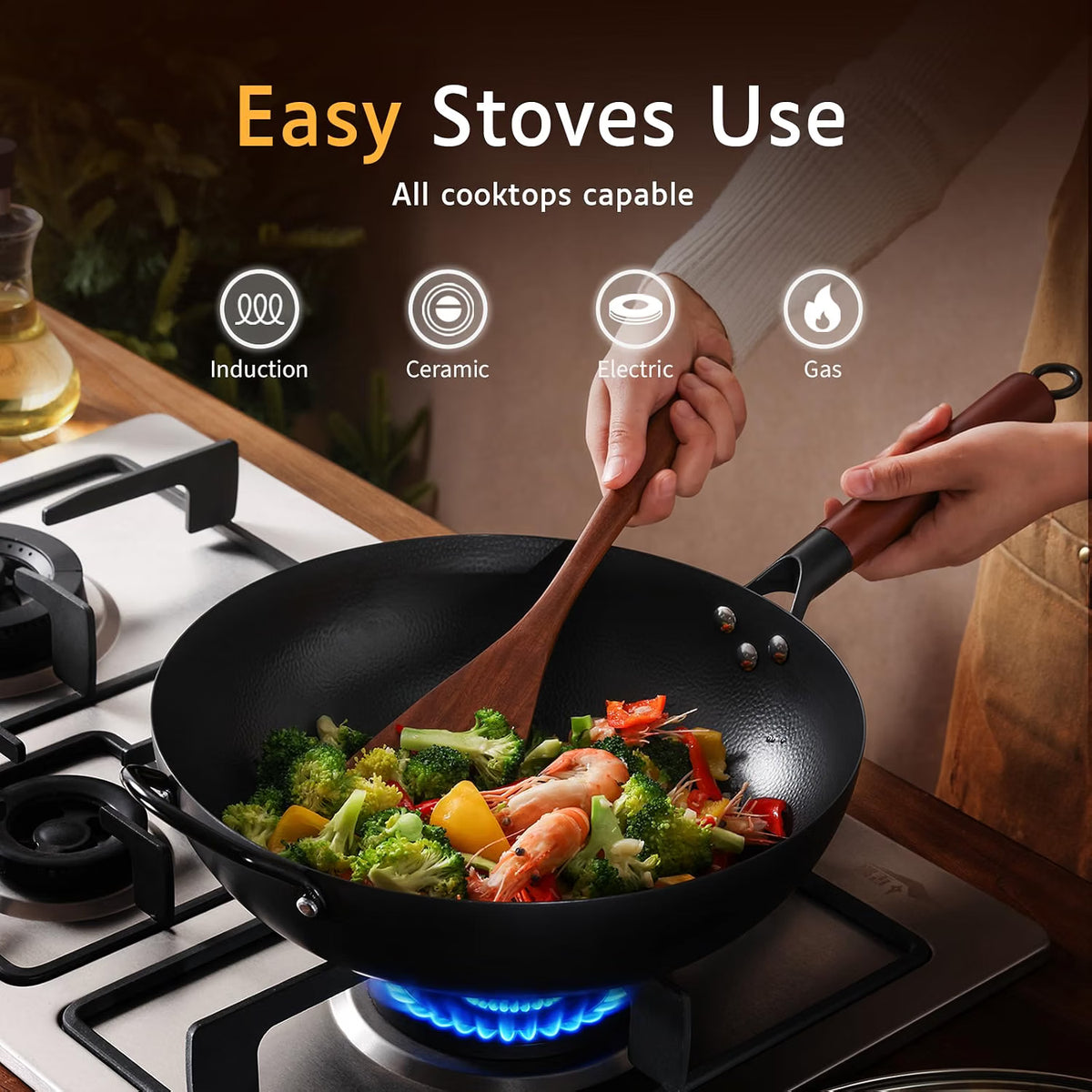 Carbon Steel Wok 32cm Pre Seasoned Uncoated Cooking Pan with Lid Kordisen Kitchen