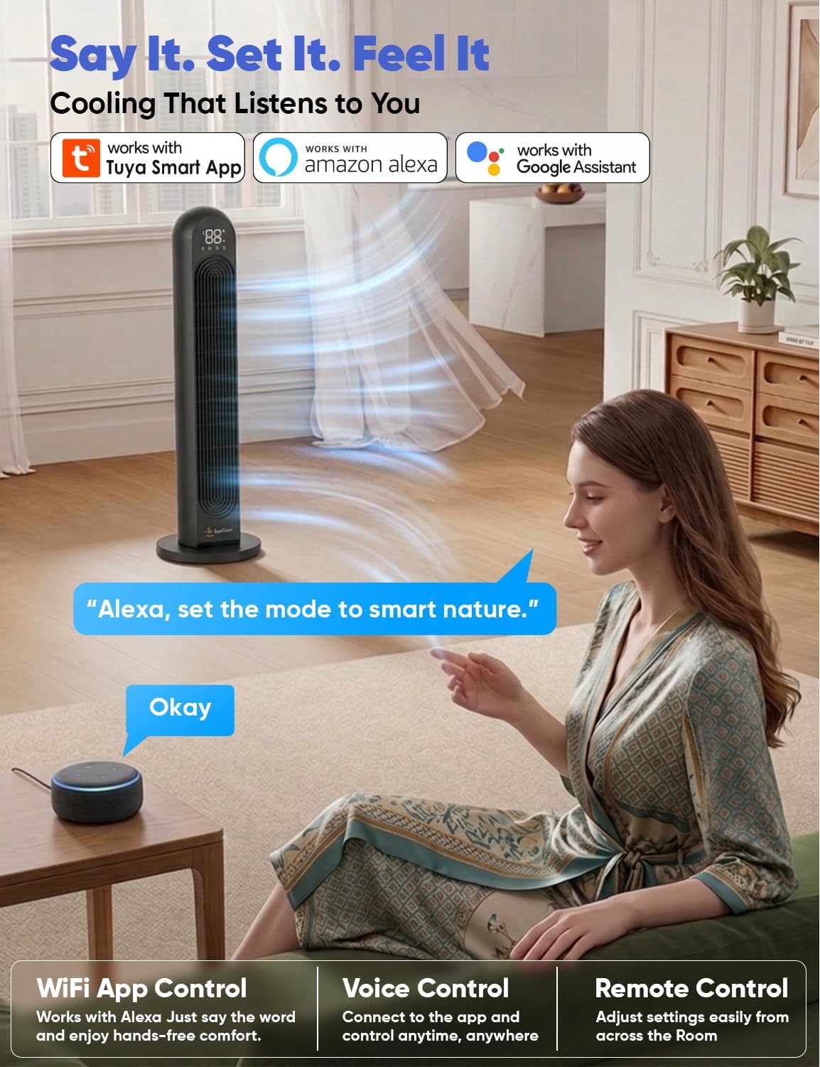 Smart Tower Fan 42 Inch WiFi Alexa Control Remote Quiet Cooling EcoNour Home Fan