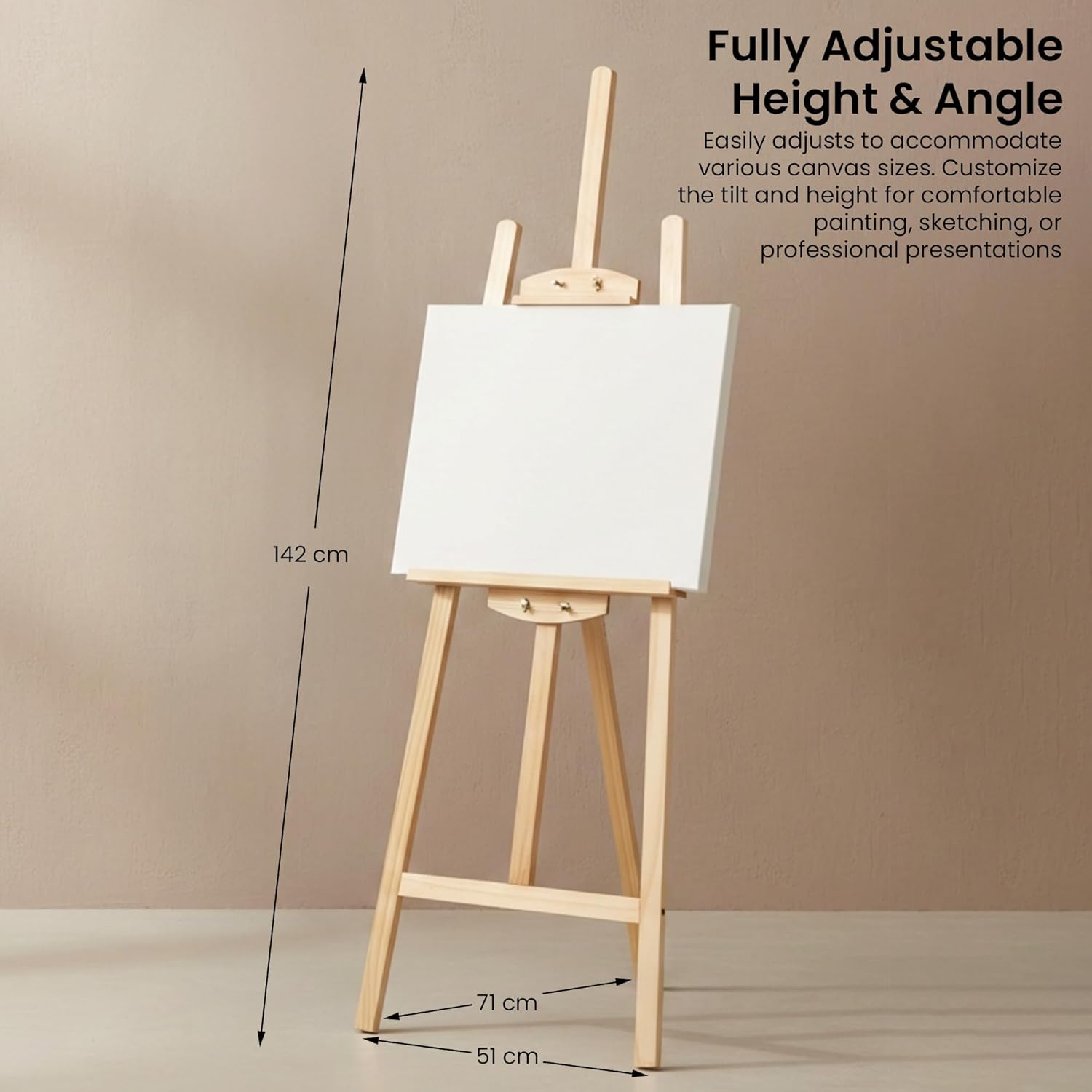 Wooden artist's easel with a white canvas, adjustable height and angle features, on a beige background.