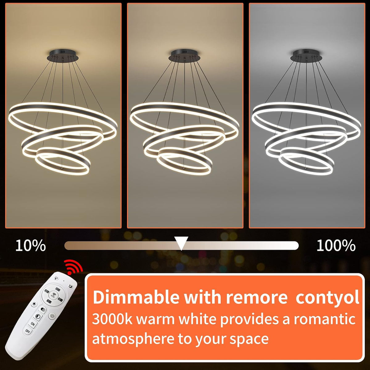 LED Pendant Light 3 Ring Circular Black Dimmable Remote Modern Chandelier