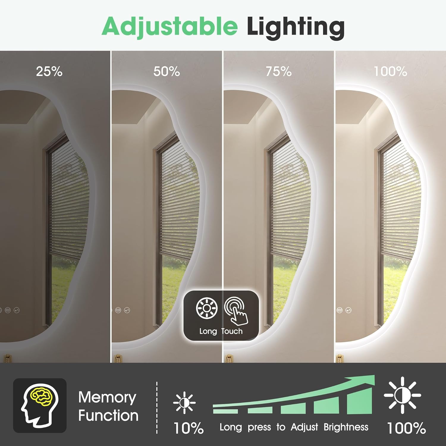 Adjustable lighting control panel with 25%, 50%, 75%, and 100% brightness levels.