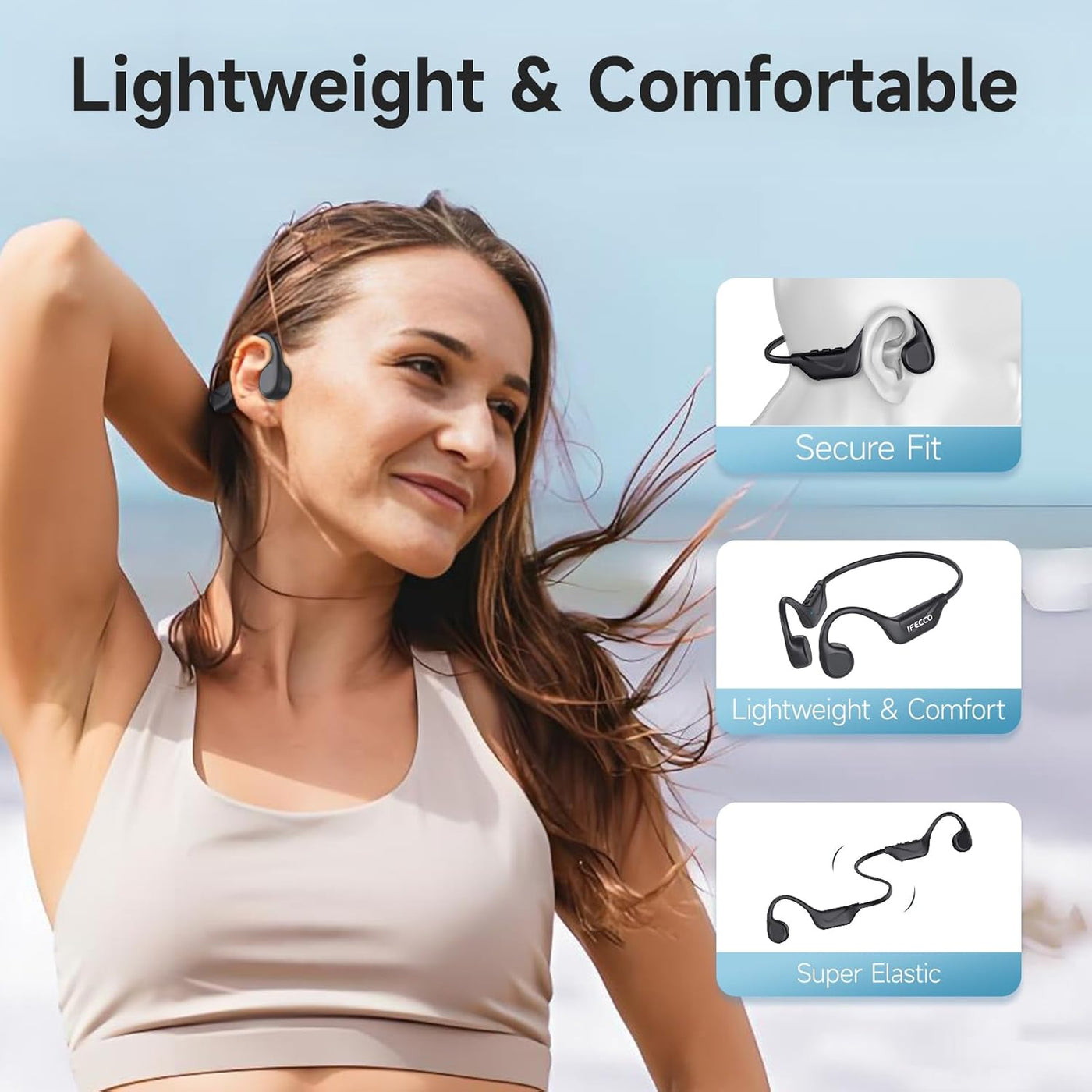 Woman wearing wireless earbuds with product features highlighted on a light blue background