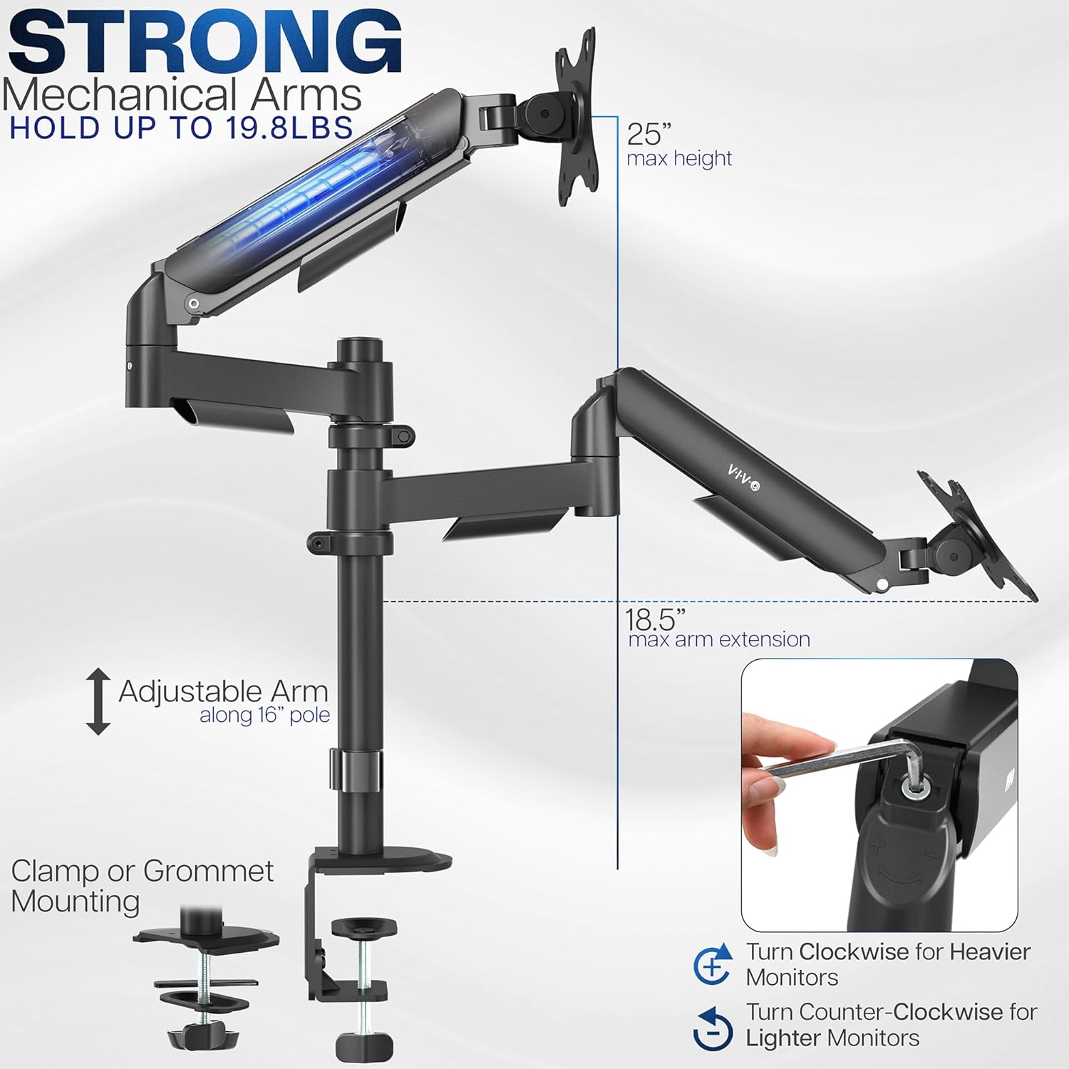 Dual Monitor Arm 17-32 Inch Pneumatic Heavy Duty VESA VIVO Desk Mount