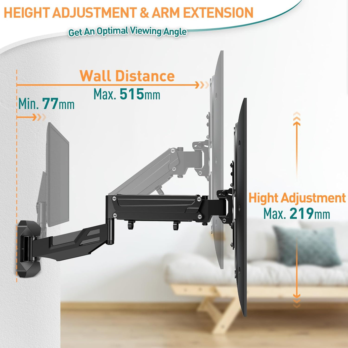TV Wall Bracket 23-55 Inch Full Motion Gas Spring Mount ELIVED