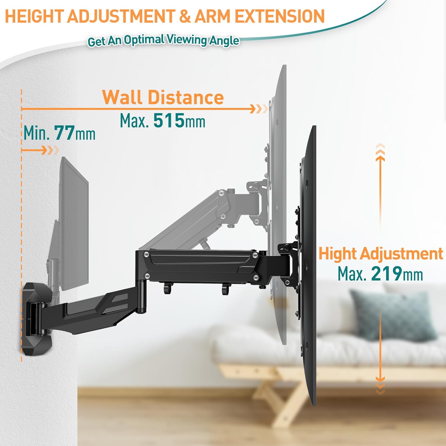 TV Wall Bracket 23-55 Inch Full Motion Gas Spring Mount ELIVED