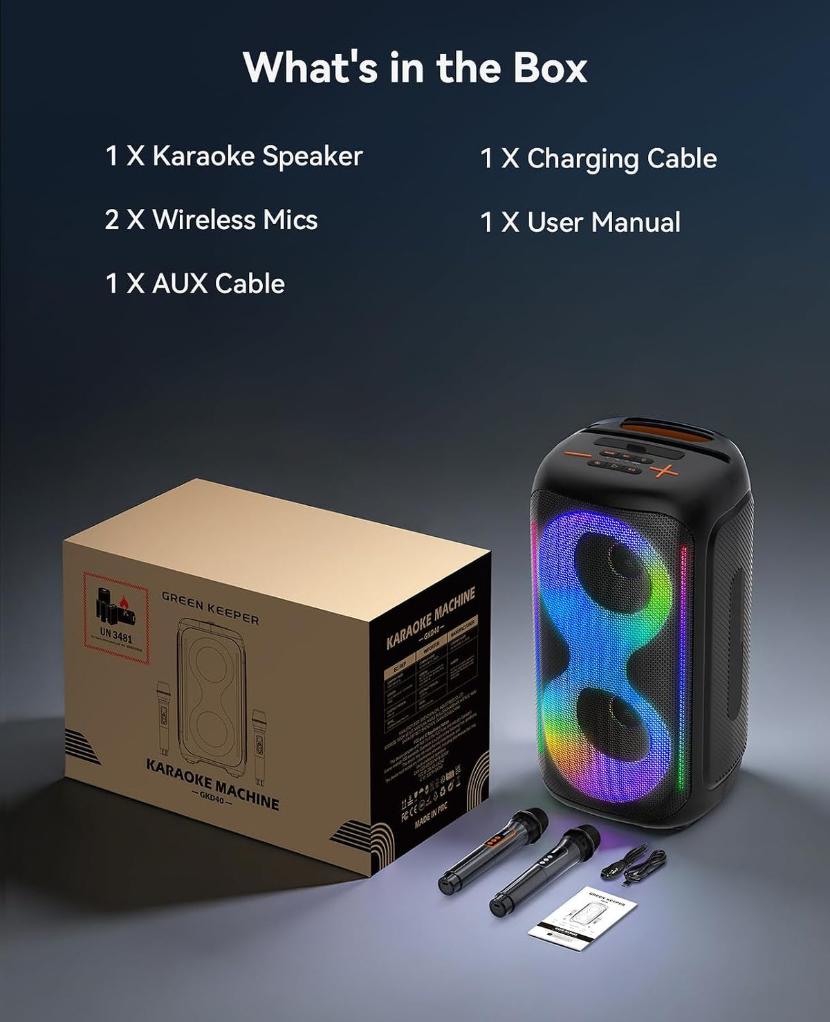 Karaoke Machine Bluetooth Speaker 2 Wireless Mics LED Party PA System GKD40