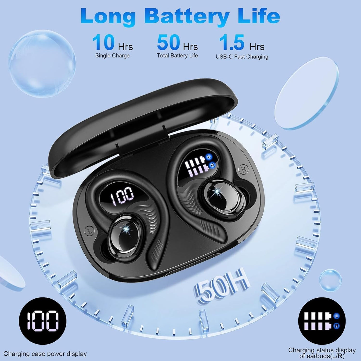 Black wireless earbuds with charging case on a blue background, showing battery life details.