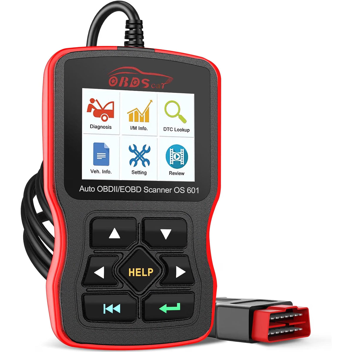 An OBDII/OBDIII scanner device with a red and black casing, featuring a color screen displaying diagnostic icons and a central button pad with directional arrows and a yellow 'HELP' button. A black cable and an OBD connector are attached.