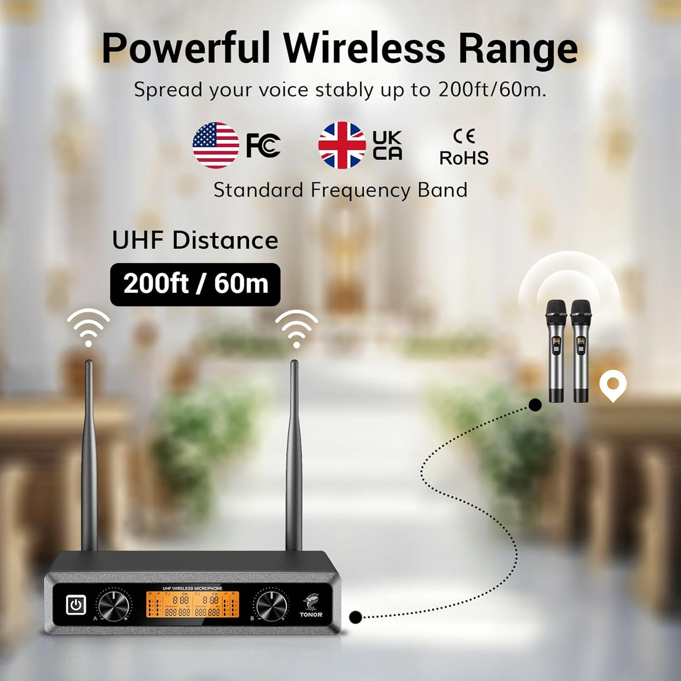 Wireless Microphones Dual UHF Cordless Dynamic 60m Silver TONOR Professional
