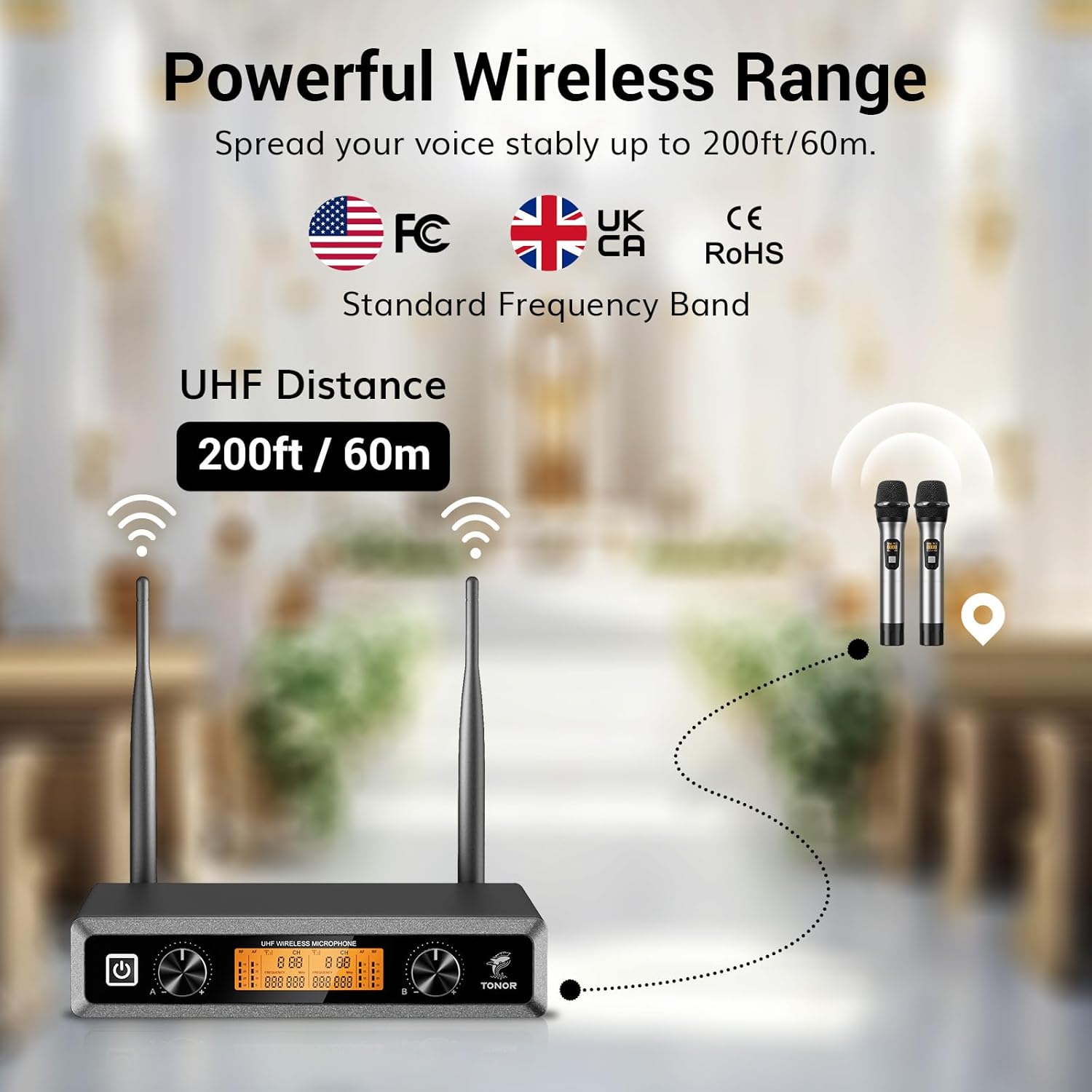 Wireless Microphones Dual UHF Cordless Dynamic 60m Silver TONOR Professional