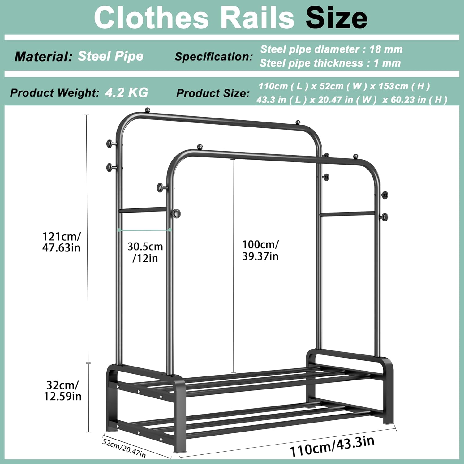 SMILOVII Heavy Duty Metal Clothes Rail, Double Rails, Hooks & 2-Tier Shoe Rack