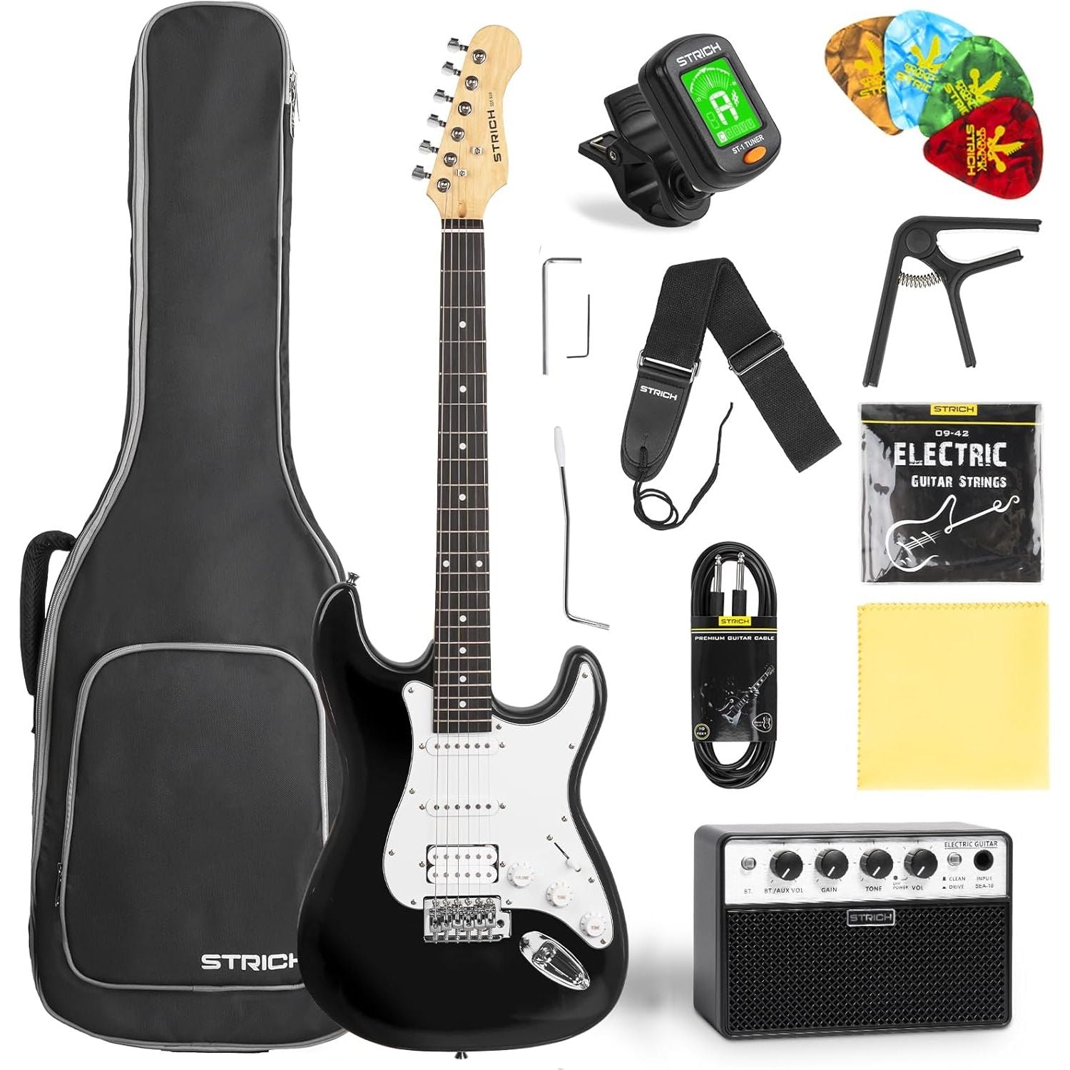 Electric guitar with accessories including a case, tuner, strap, strings, and amplifier on a white background.