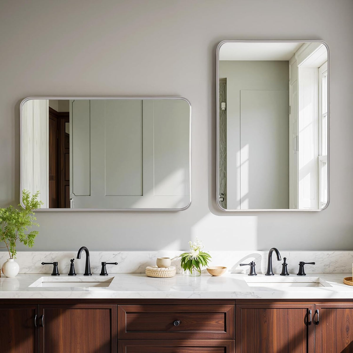 Wall Mirror 60x90cm Silver Frame Rectangle Curved Corners Bathroom Vanity Decor