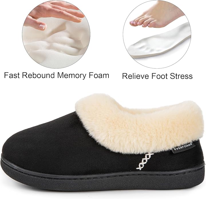 Black slipper with beige fur lining, featuring text about memory foam and foot stress relief.