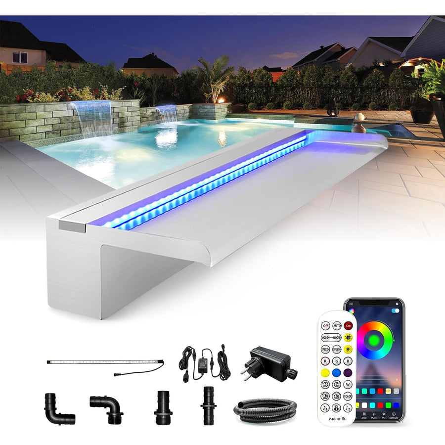 LONGRUN 60cm Pool Fountain, Bluetooth LED Waterfall Blade, 7-Color Cascade Kit - Massive Discounts