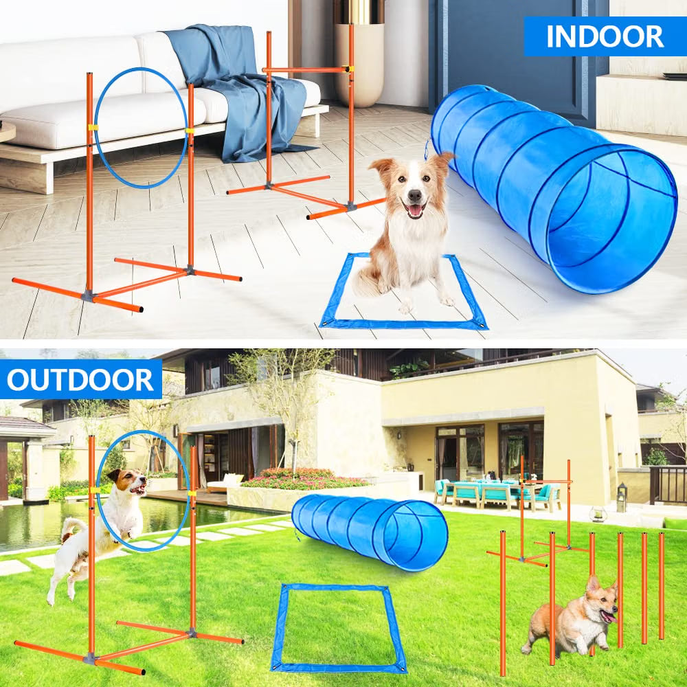 Dog Agility Training Set 6PCS Tunnel Slalom Poles Jump Rings Hurdles XXL X XBEN