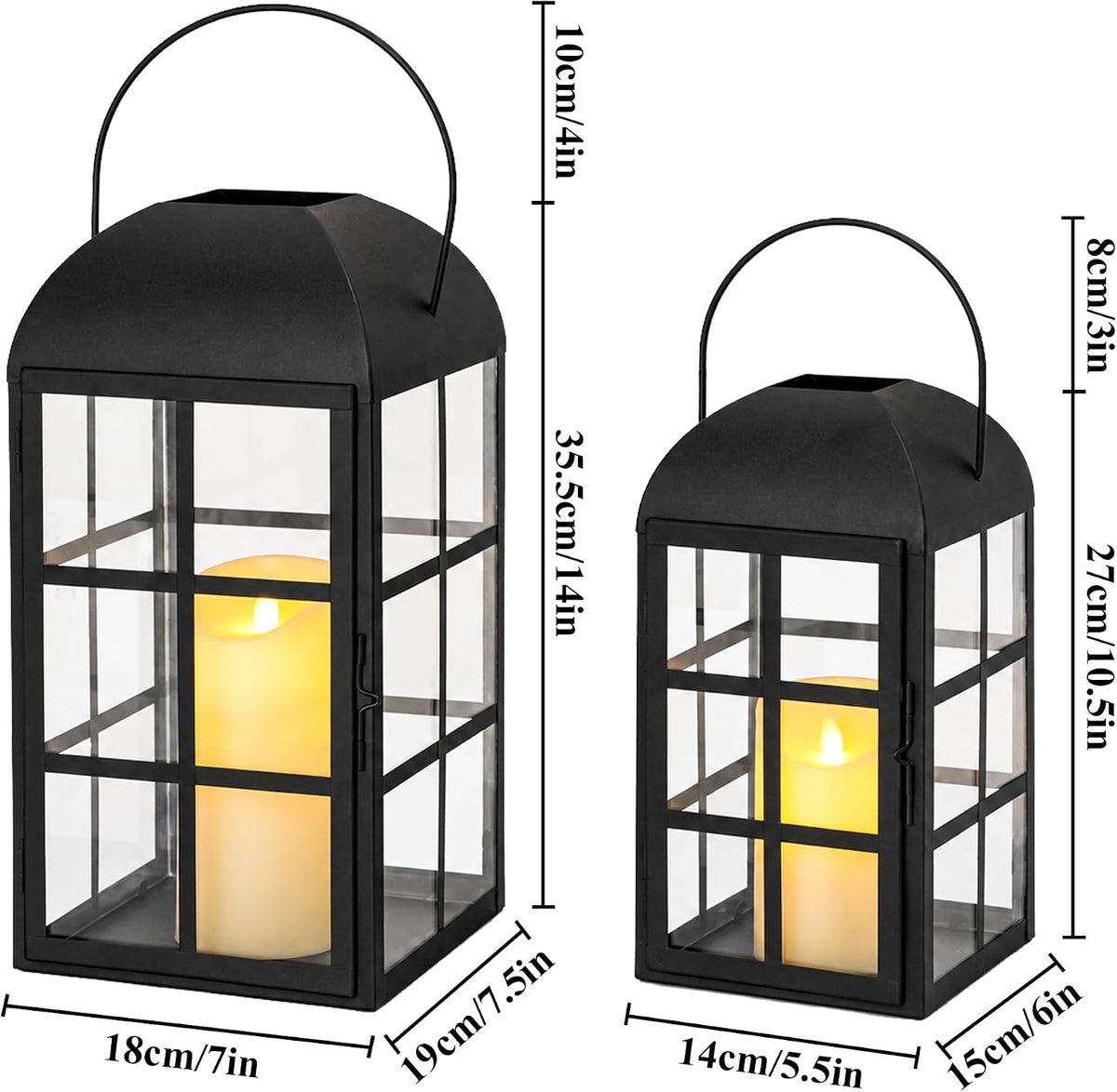 Candle Lanterns Set of 2 Black Vintage Metal Glass 35cm 27cm Outdoor TRIROCKS