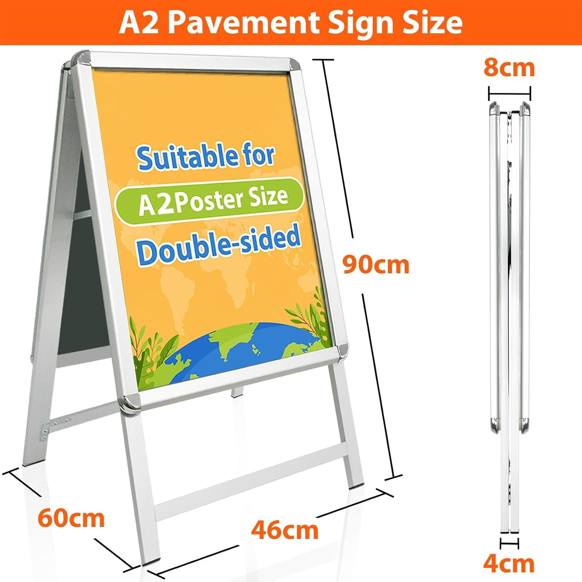 A2 Pavement Sign A Board Double Sided Poster Display Aluminium Frame Silver