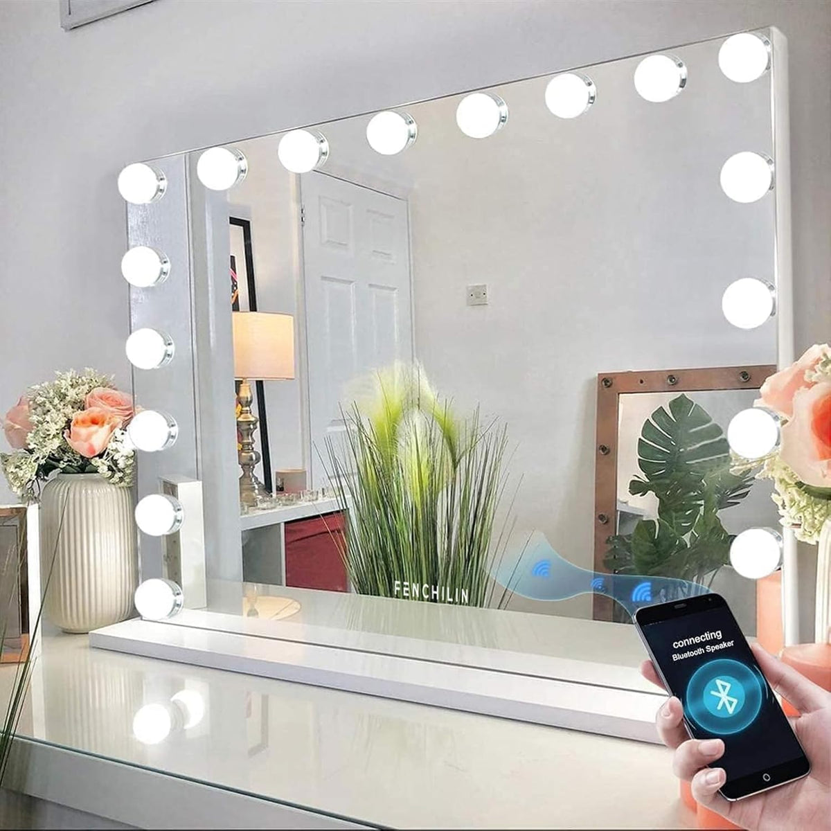 Hollywood Vanity Mirror 80x58cm 18 LED Lights Bluetooth Makeup FENCHILIN